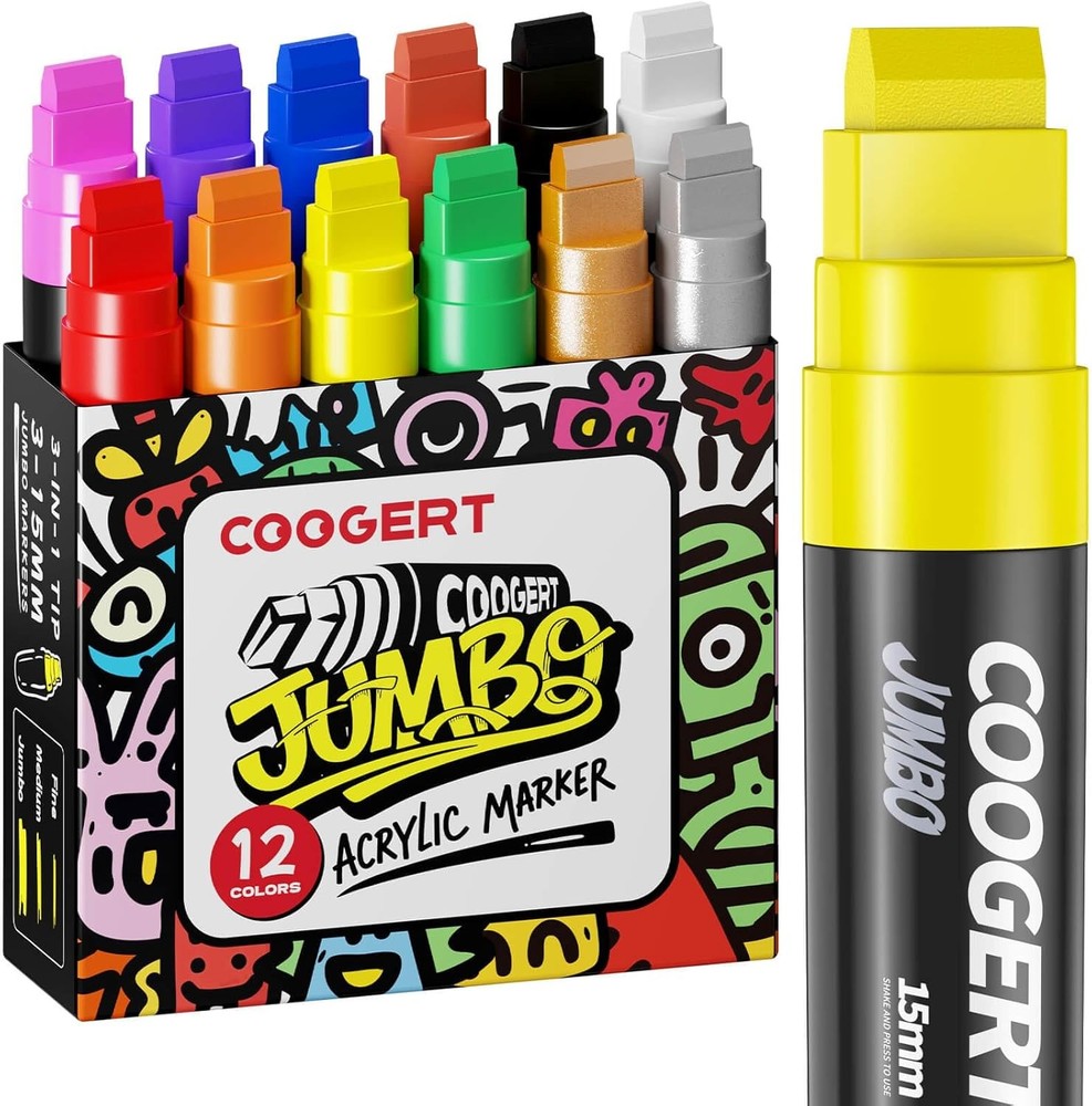 12 Vibrant Colors Jumbo Poster Markers, 15MM Thick Permanent 12