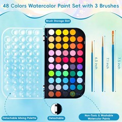 48 Color Solid Watercolor Paint Set with 3 Wooden Brushes – Non-Toxic, Vibrant
