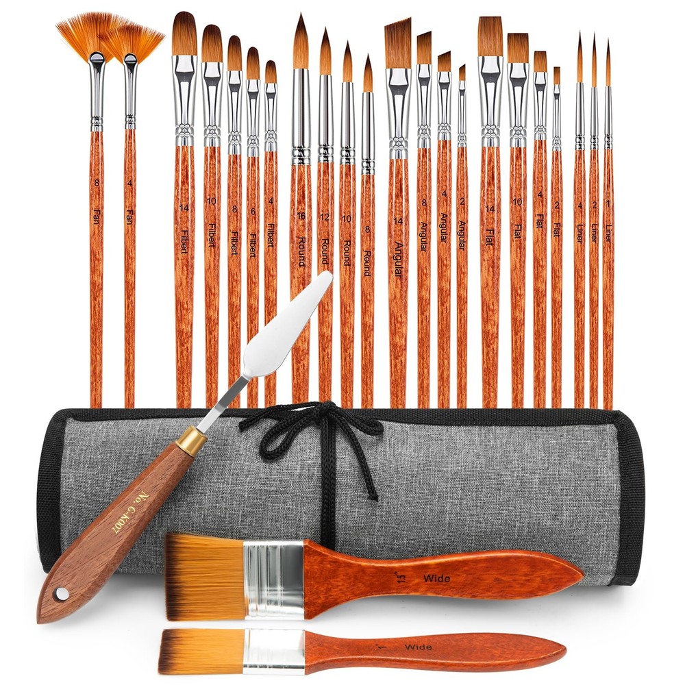 Paint Brush Set of 25pcs, FENORKEY Acrylic Brushes, Brown Handle