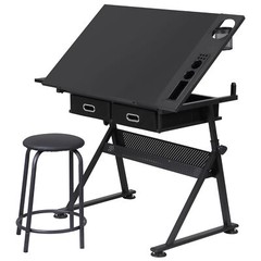 Adjustable Drafting Table Drawing Table Artist Desk w/2 Drawers and Stool Black