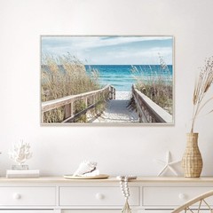 Beach Path Wall Art Framed – Coastal Pathway to Blue Ocean with Wood Toned Fe…