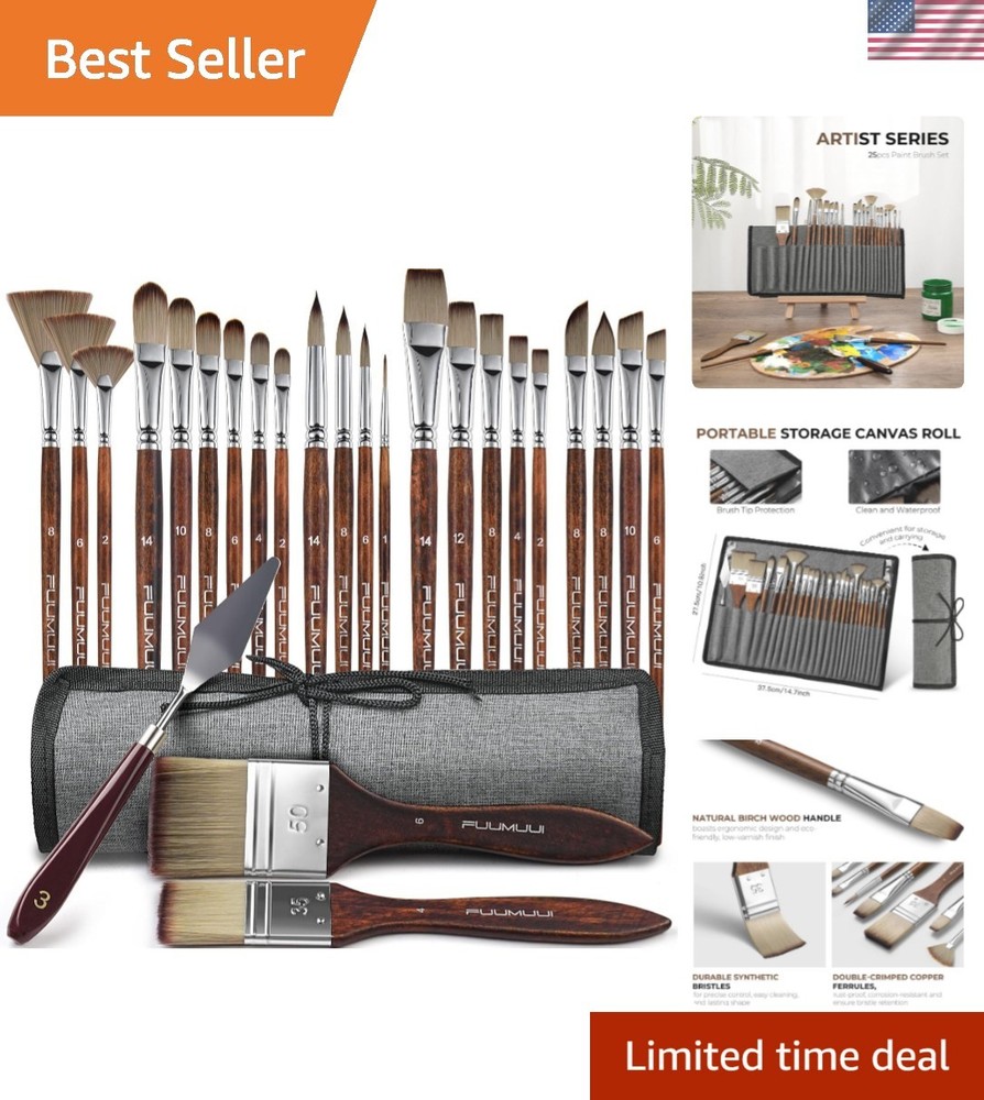 25pcs Paint Brush Set, Professional 9 Shapes with Wide Flat, Filbert, Fan, Da…