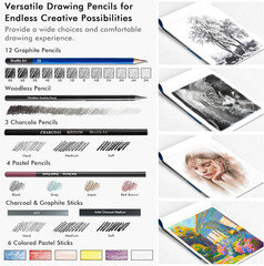 52 Pack Drawing Pencils Set, Professional Art Kit with Graphite Charcoal Sticks,