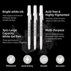 White Gel Pens for Black Paper 3 Tip Sizes Fine 0.5mm Medium 0.8mm Bold 1.0mm