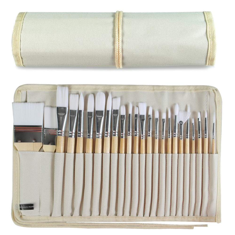 Paint Brushes Set of 24 Pieces Wooden Handles Brushes with Canvas Brush Case,…