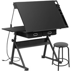 Drafting Table Artist Desk Drawing Table Adjustable Tabletop with Outlet Black