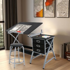 Adjustable Drafting Table Tilted Tabletop Art & Craft Drawing Desk with Stool