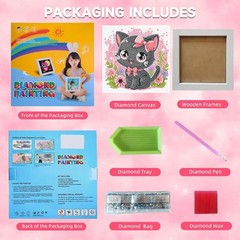 Cat Diamond Art Kits for Kids with Frame-Cat Diamond Art for Kids Ages 4-8-12
