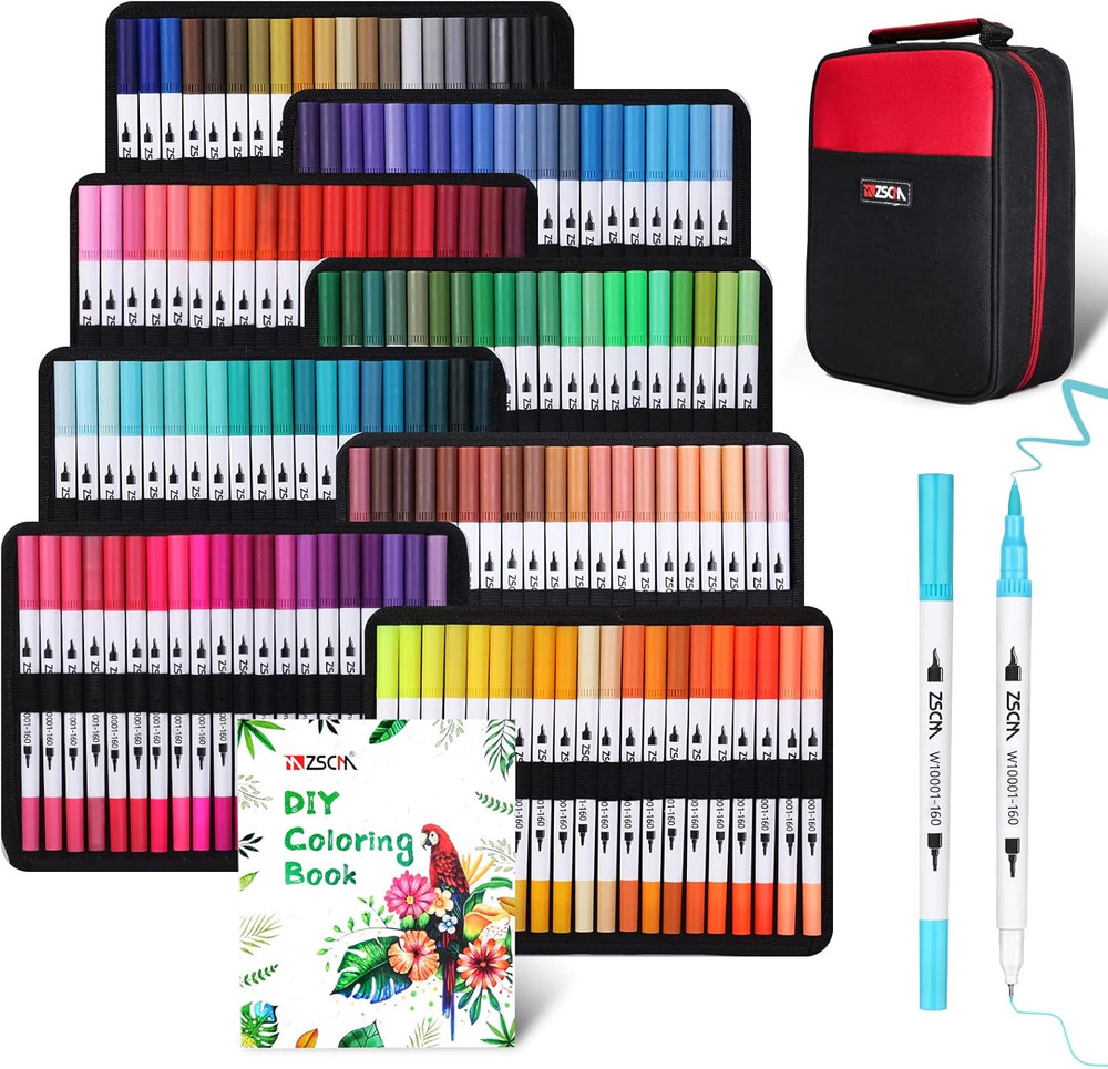 ZSCM 160 Colors Duo Tip Brush Markers Art Pen Set, Artist Fine and Brush Tip Col
