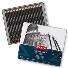 Derwent Graphic 24 Tin Set Graphite Drawing Sketching Pencils 13B-9H