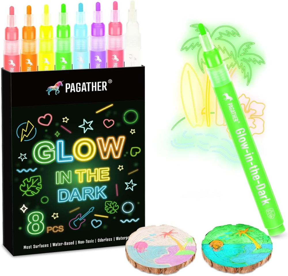 8 Colors Glow in the Dark Markers – 2mm Round Tip Neon Fluorescent Paint Pens fo