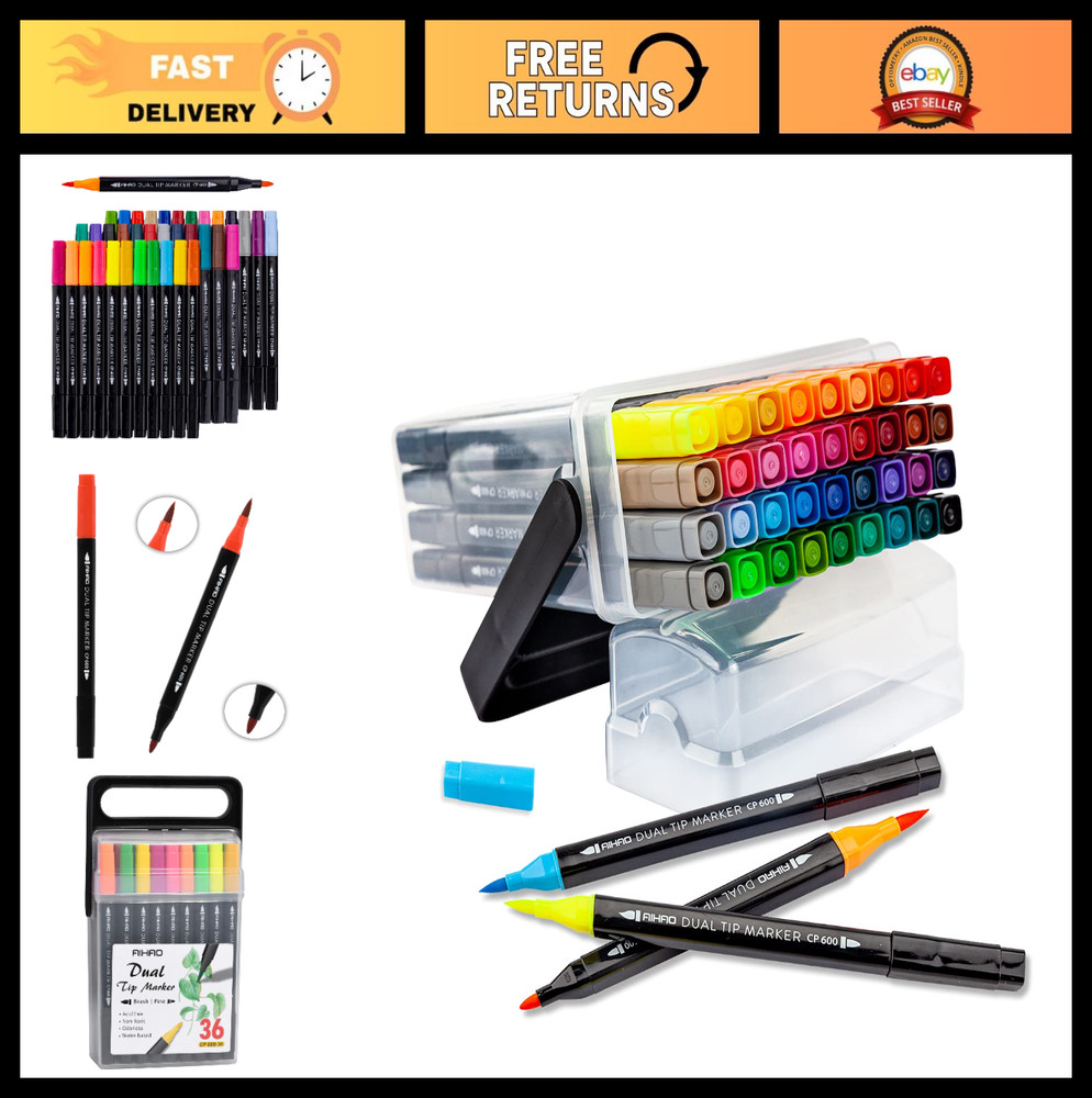 Dual Tip Markers Set – 36 Pack Super Washable Brush & Fine Tip Art Supplies for