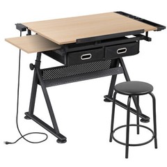 Drafting Drawing Table Tabletop Adjustable Height with Charge Outlet Natural