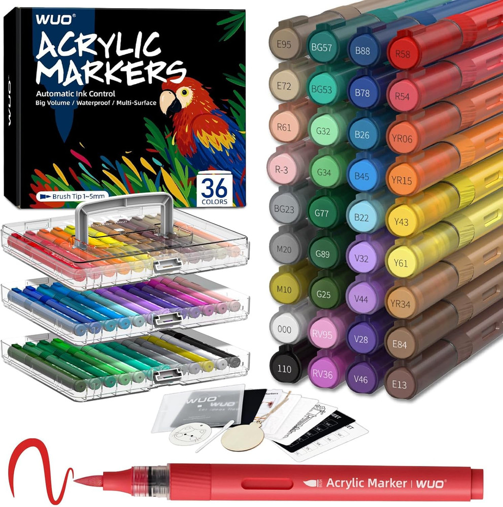 36 Colors Acrylic Paint Markers, Acrylic Paint Pens and Acrylic Markers with Bru