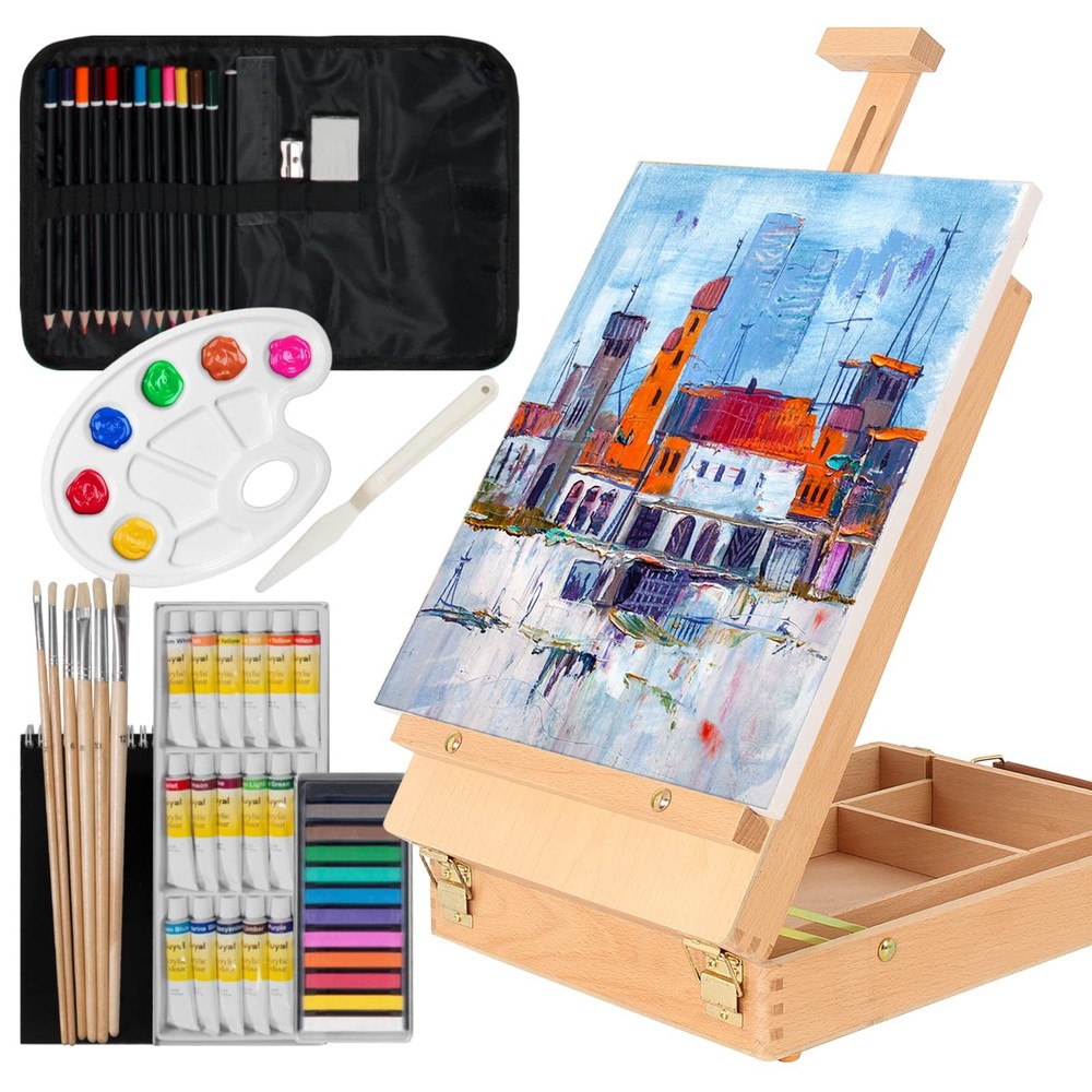 Art Kit, 45 Piece Wooden Paint Set Crafts Drawing Painting Kit with Box Easel…