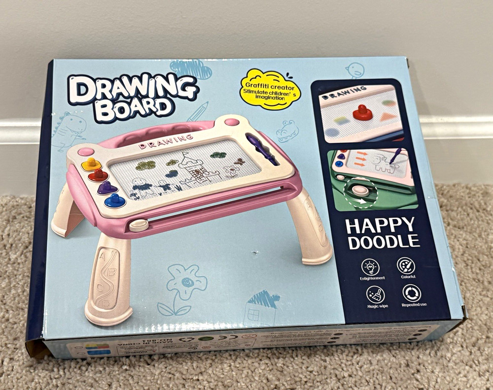 Kids Magnetic Erasable Drawing Board Doodle Pad w/ Stylus & Stamp Shapes Pink