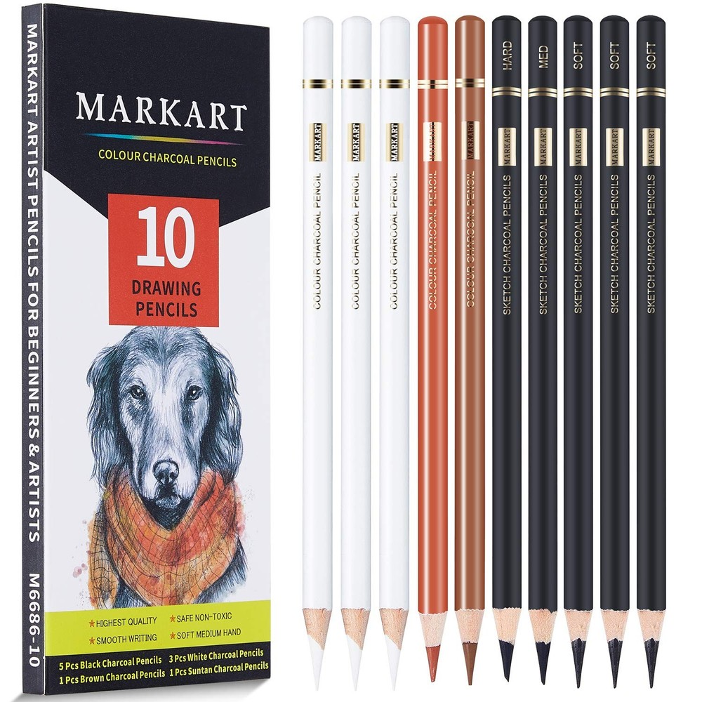 MARKART Charcoal Pencils for Drawing, 10 Pack 10 Count (Pack of 1), White