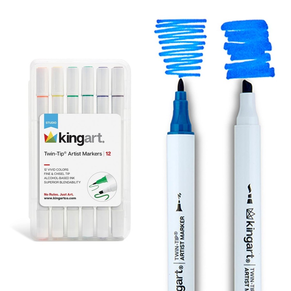KINGART Studio Twin-Tip Permanent Alcohol Markers Set of 12 with Storage Case