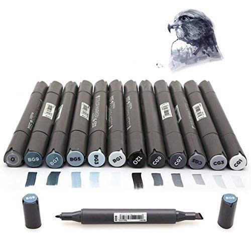 12 Cool Grey Colors Art Markers Grayscale Artist Dual Head Markers Set for Br…
