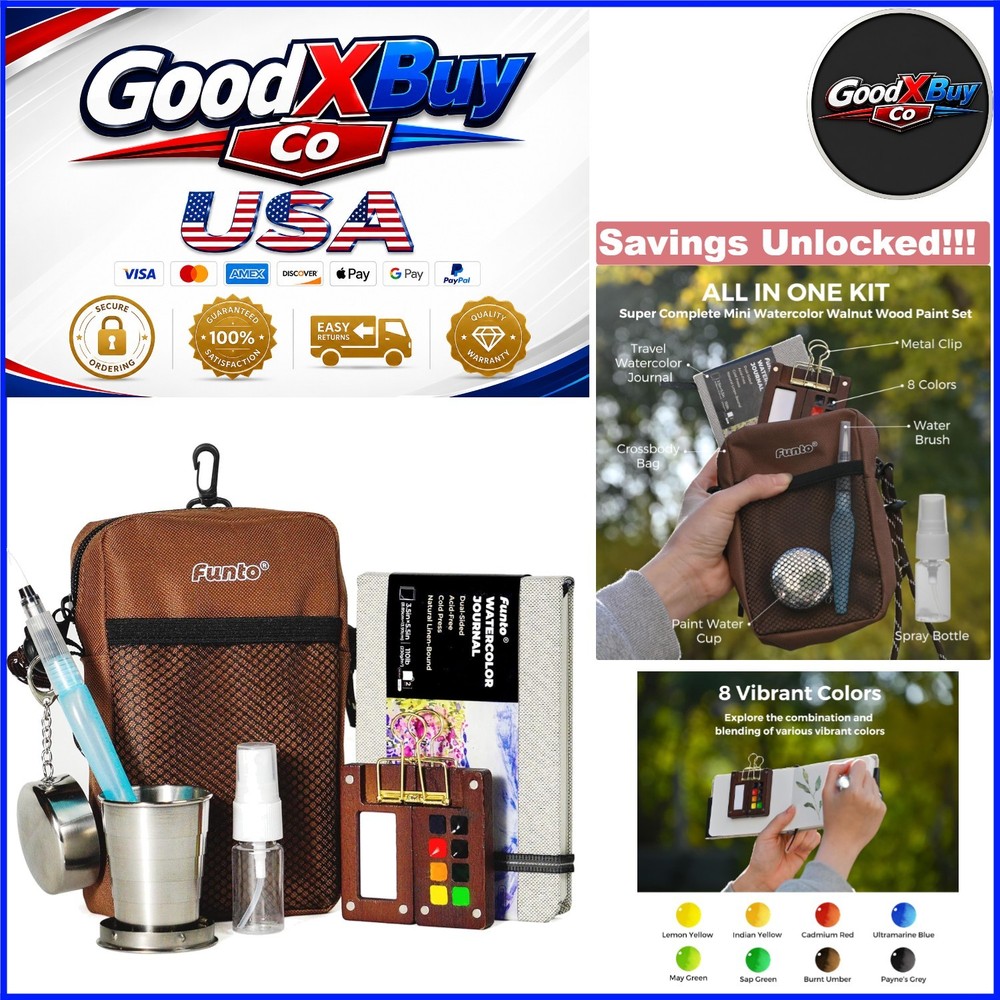 All-in-One Walnut Wood Watercolor Set 8-Color Travel Kit with Bag