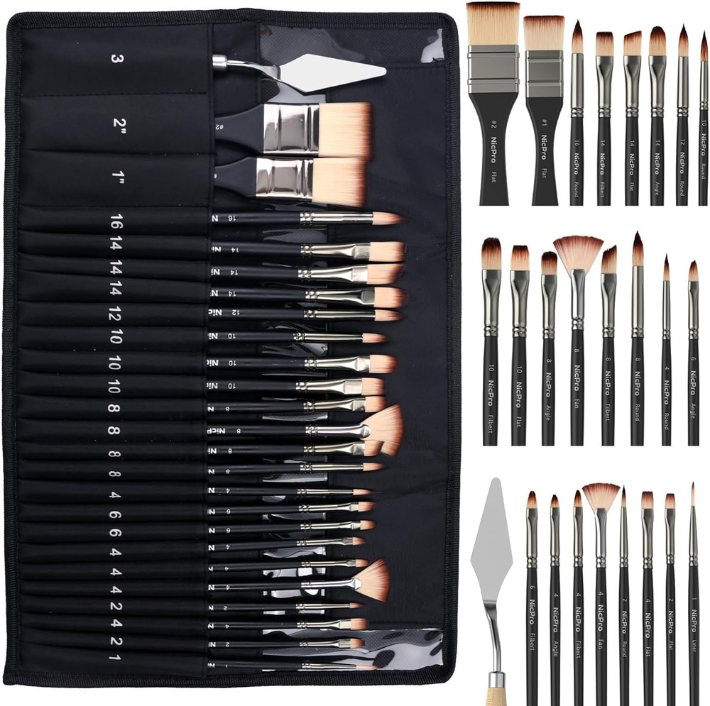 26Pcs Paint Brush Set, Professional Paintbrushes with Palette Knife, Craft Paint