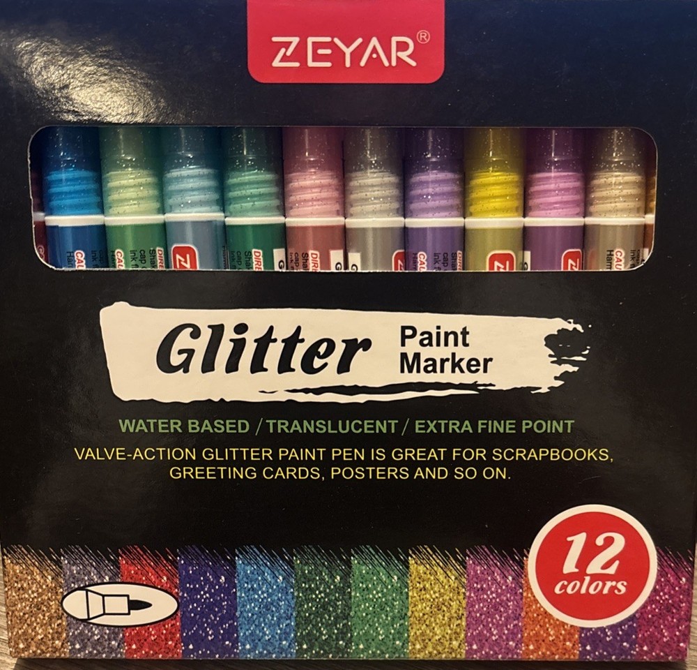 Zeyar Glitter Paint Market ~ Water Based Extra Fine Point ~ 12 Colors