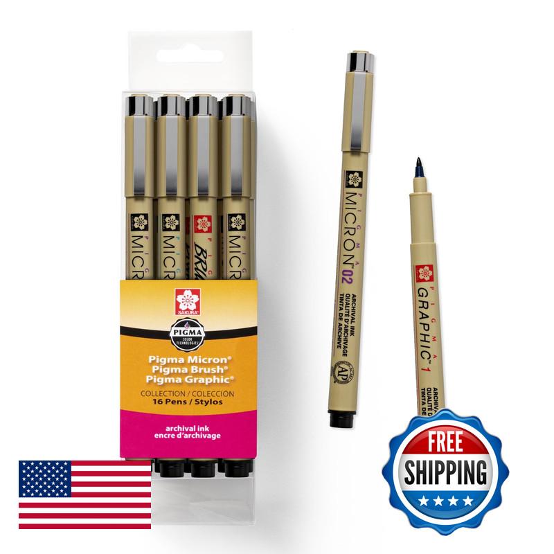 Sakura Pigma Micron Fineline Asst Point Sizes Archival All Black Ink 16 Pk 50077