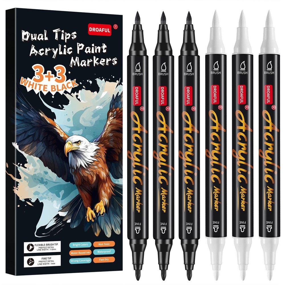 White Black Acrylic Paint Pens Markers, 6 Pc Dual Tips Waterproof Paint Marke…