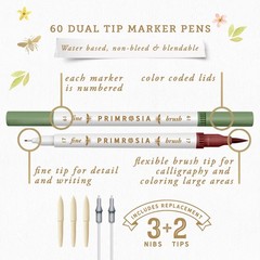 Primrosia 60 Dual Tip Marker Pens Fineliner And Watercolor Brush Pens For Art