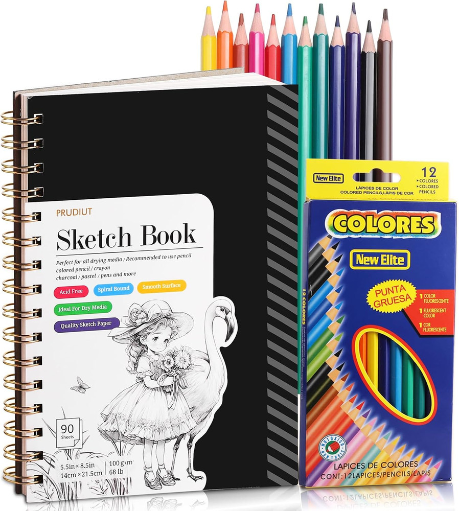 Sketch Book with 12 Color Pencil Set, 90 Sheets Spiral Sketchbook for Drawing (6