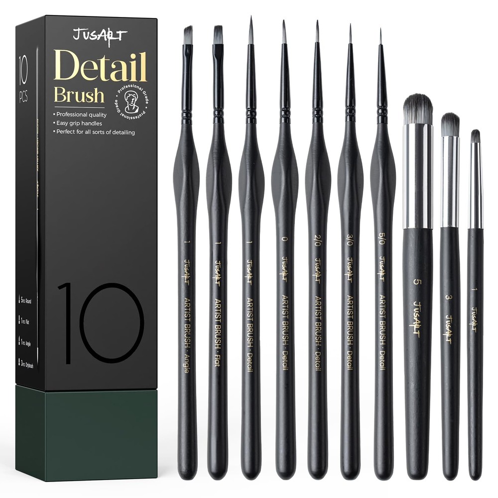 JusArt 10-Piece Detail Paint Brush Set, Miniature Brushes for Black