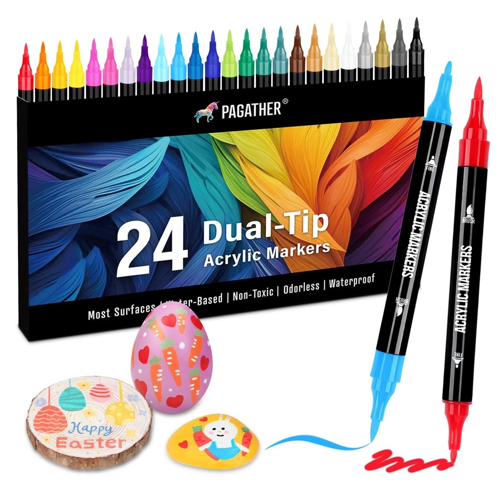 Dual Tip Acrylic Paint Markers, 24 Colors Paint Pens with Fine Tip and Brush Tip