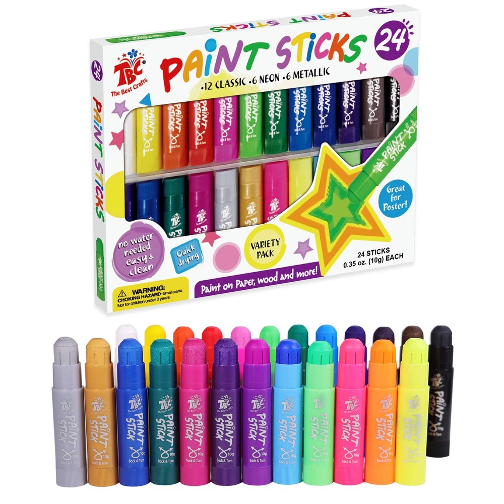 Paint Sticks,24 Classic Colors, Washable, Non-toxic, Tempera Paint Sticks for…