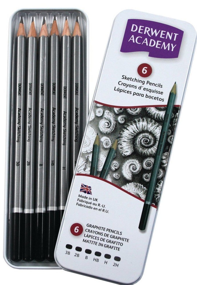 Derwent Academy Tin of 6 Graphite Sketching Pencils 3B – 2H Artist College Art