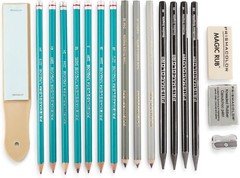 Complete Graphite Drawing Kit with Turquoise Pencils, Erasers & Sharpening Tools