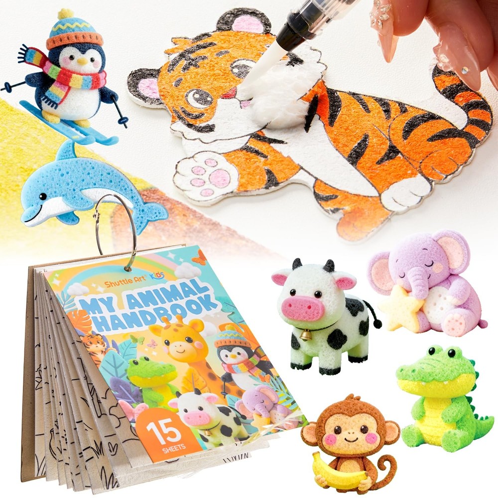 63 Pcs Foam Texture Painting Kit – Animal Series: 15 Animal Foam Pieces, Colo…