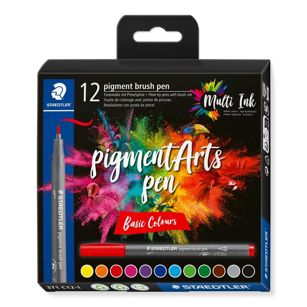 12-Pack Pigment Arts Brush Pen Basic Colours Set for Artists Lettering