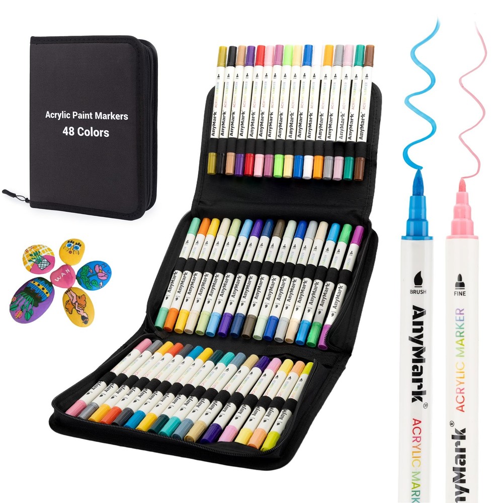 48 Colors Acrylic Paint Markers, Dual Tip Acrylic Paint Pens with Brush & Fin…