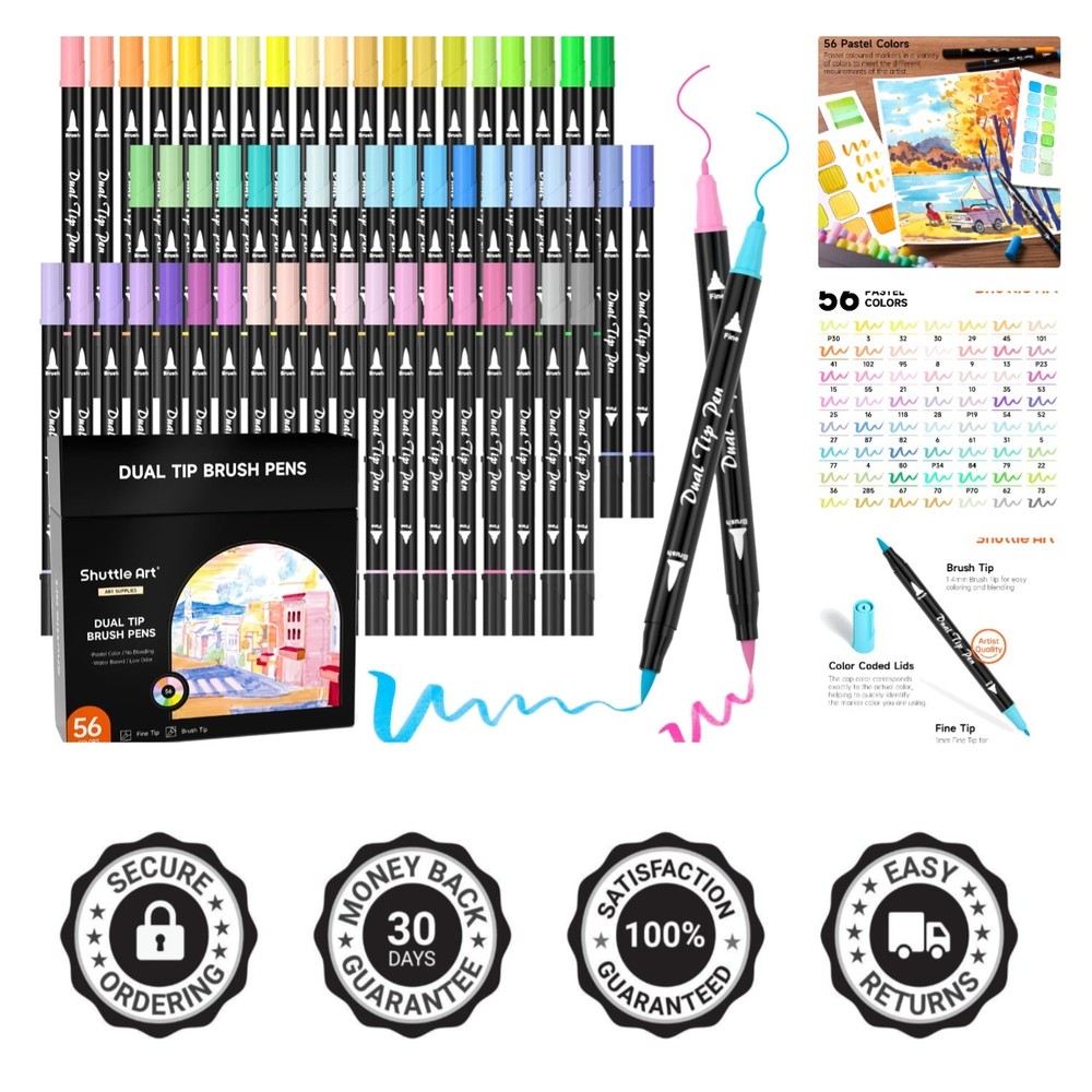 Vibrant 56-Piece Pastel Brush Pens Set with Dual Tip – Perfect for Art Lovers