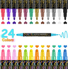 24 Dual Tip Acrylic Paint Pens – For Wood, Canvas, Stone, Glass, Ceramic & DIY C