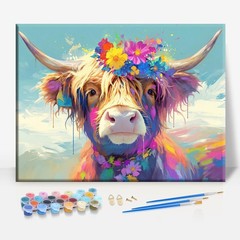 Floral Highland Cow Animal Framed Canvas DIY Paint by Numbers Kit Bar Cafe Ca…