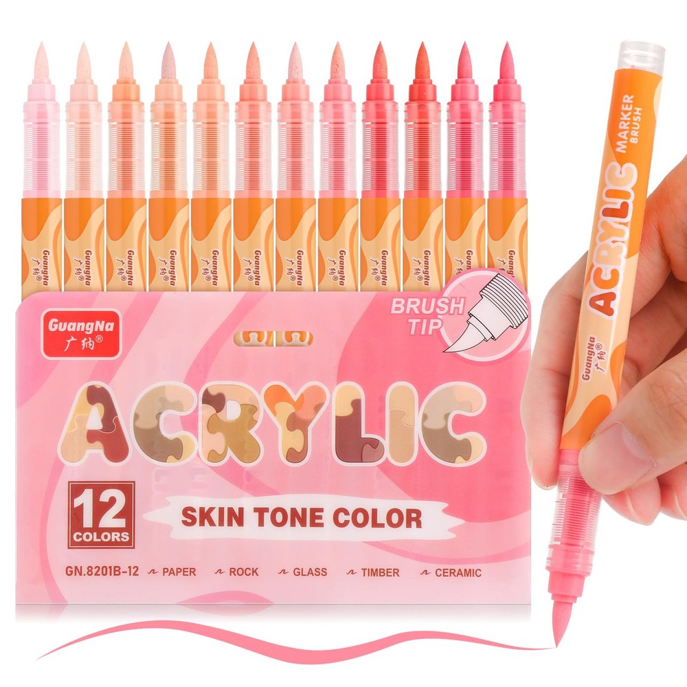 Guangna Acrylic Paint Markers 12 Colors, Skin Tone Series Set with Soft Brush Ti