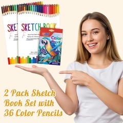 2 Pack Sketch Book with 36 Color Pencil Set, Spiral Kids Sketchbook for Drawi…
