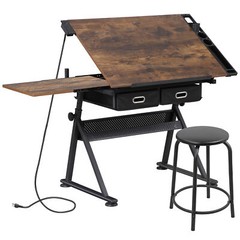Drafting Drawing Table Tiltable Tabletop Adjustable Height with Charge Outlet