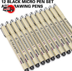 Micro Fineliner Drawing Art Pens: 12 Black Fine Line Waterproof Ink Set Artist S