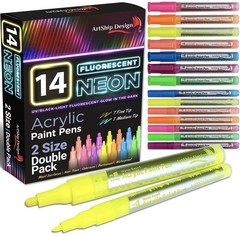 14 Pack Neon Uv Fluorescent Acrylic Paint Pens Double Pack Of Both Extra Fine An