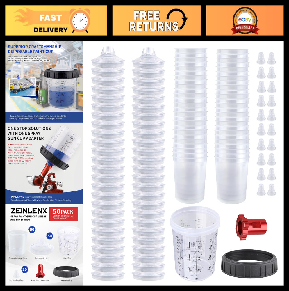 HVLP Paint Sprayer Mixing Cups – 20oz (600ML) Disposable Kit with 50 Lids for Au