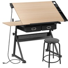 Adjustable Drafting Table & Stool Set Artist Desk with Charging Station Natural