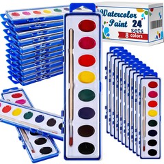 24 Pack 8 Colors Watercolor Paint Sets Palette Tray with Painting Brush