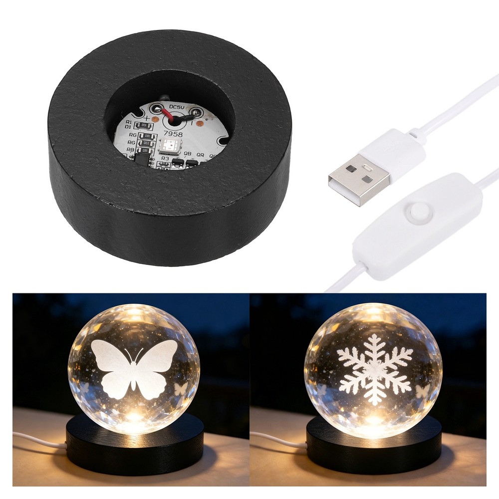 LED Light Base, 2.36″ Black Wood LED Light Stand for Crystal, 7 Color Light